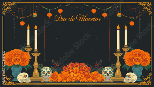 Photos Traditional Day of the Dead altar decoration with lit candles, vibrant orange marigold flowers, ornate sugar skulls, and festive garlands on a dark background