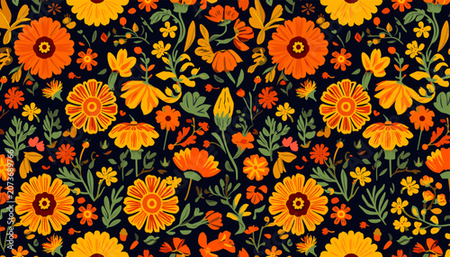 Bild auf Leinwand A vibrant seamless pattern featuring stylized orange and yellow marigold-like flowers and green foliage on a dark background, evoking a festive or traditional textile design