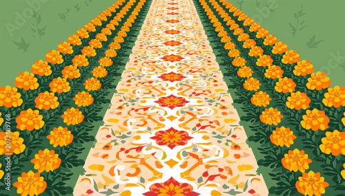 Tableau sur toile A long, ornate path adorned with intricate floral patterns, flanked by vibrant rows of orange marigold flowers, receding into the distance