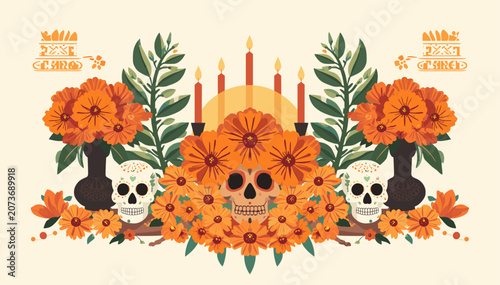 Foto Vibrant Dia de los Muertos altar illustration featuring ornate sugar skulls, bright marigold flowers, and glowing candles, celebrating Mexican tradition