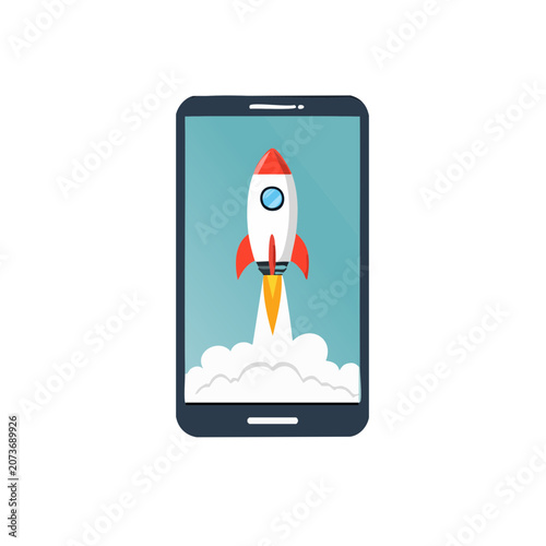 Rocket launch illustration on smartphone screen