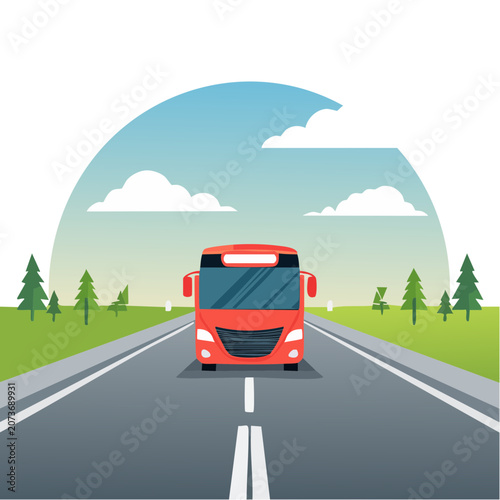 Red bus on a road in a flat landscape illustration
