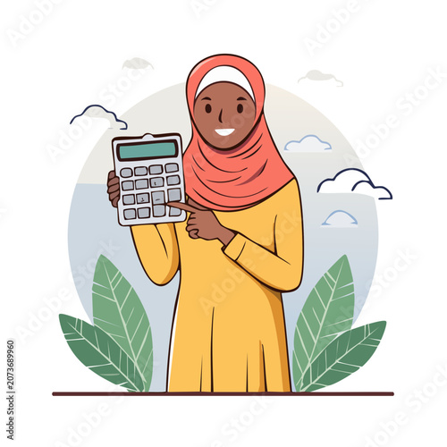 Smiling woman in hijab holding calculator illustration