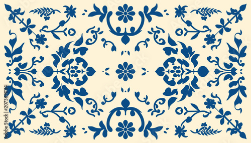 Photos Symmetrical blue floral and foliate decorative pattern on a light background, featuring intricate traditional motifs and elegant scrollwork