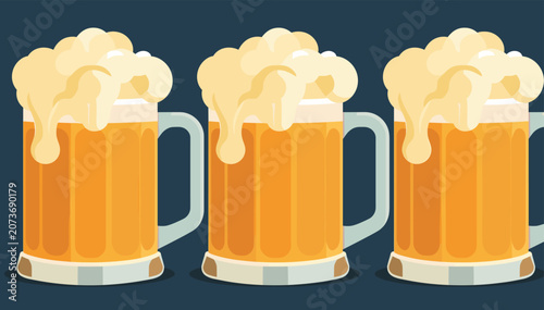 Fotografía Three identical mugs of golden beer with overflowing frothy heads on a dark background, ready for a refreshing drink