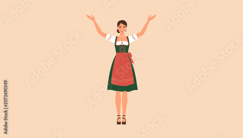 Photos A woman in a traditional German dirndl dress with a green bodice and red apron stands with arms raised in a welcoming gesture on a plain background