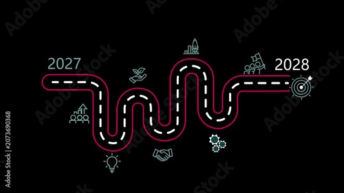 A winding roadmap illustrating business growth and success from 2027 to 2028 featuring vibrant pink accents and icons for teamwork innovation partnership and achievement