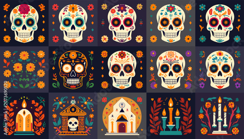 Bilde på lerret Vibrant Day of the Dead sugar skull art with floral patterns and traditional Mexican motifs, celebrating Dia de Muertos