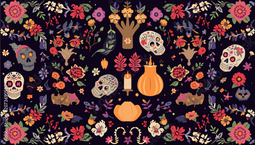 Tableau sur toile A vibrant and intricate Day of the Dead pattern featuring sugar skulls, marigolds, bats, and pumpkins on a dark background