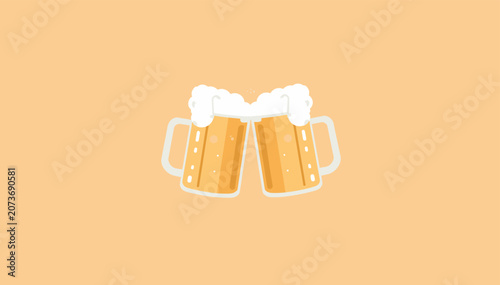 Foto Two cartoon beer mugs clinking together with frothy foam, celebrating a toast on a plain light orange background
