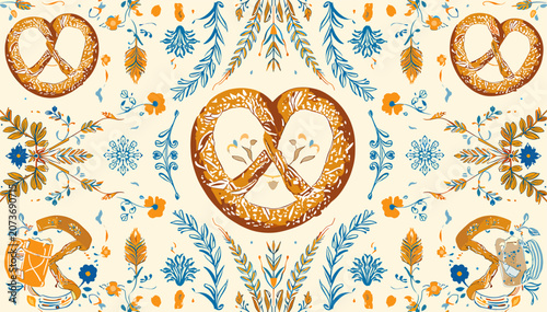 Canvastavla Symmetrical folk art pattern featuring pretzels, stylized blue and orange floral motifs, and traditional beer steins on a cream background, evoking Bavarian culture