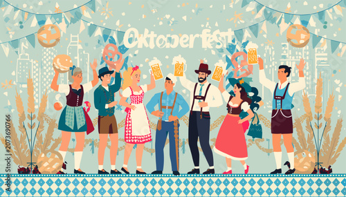 Canvastavla A vibrant illustration of people celebrating Oktoberfest in traditional Bavarian attire, holding beer steins and pretzels, with a festive cityscape background