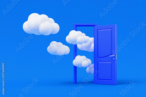 Blue door stands ajar, inviting passage. Soft clouds drift near, whimsical and serene. Bright blue backdrop frames the scene with calm.