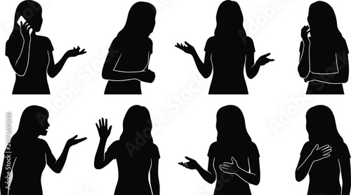 Woman Gesture Silhouette Vector Set with Female Communication Poses and Body Language Collection