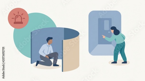 Illustration shows two individuals reacting to a threat. One person is hiding behind a barrier while the other signals toward a safe exit.