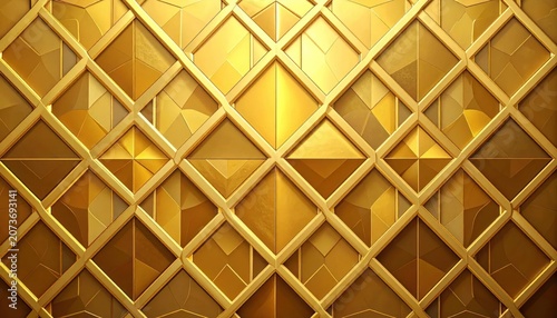 Golden geometric diamond lattice 3D wall texture background.