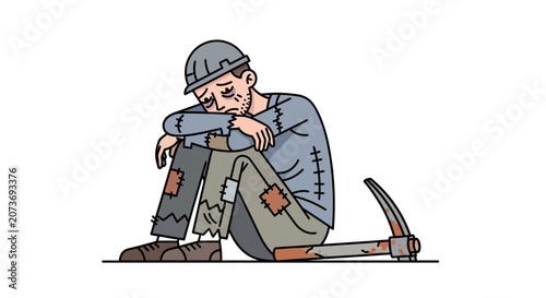 Sad Exhausted Miner Sitting on Ground with Pickaxe