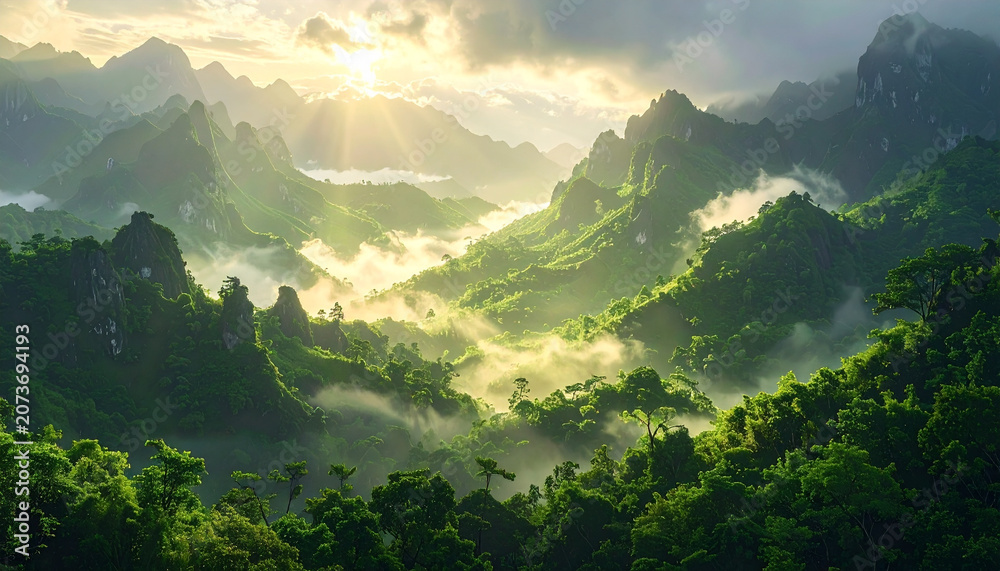 Obraz premium Golden sunrise over lush green misty mountain valley