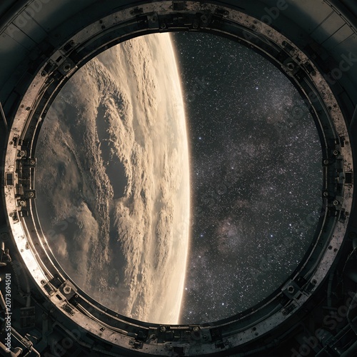 A photorealistic, high-resolution 8k rendering of the planet Venus during a close flyby, viewed through the circular, metallic window of a spacecraft.