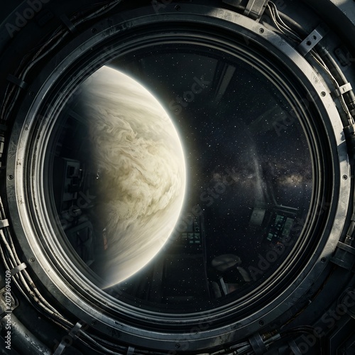 A photorealistic, high-resolution 8k rendering of the planet Venus during a close flyby, viewed through the circular, metallic window of a spacecraft.