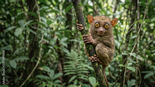 Wide shot of a Philippine Tarsier clinging to a mossy vertical branch in its lush green jungle habitat, showing accurate anatomical detail and large eyes.