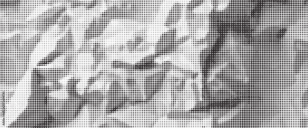Fototapeta premium Halftone crumpled paper texture. Old creased paper page wallpaper. Dotted rough wrinkled background. Comic pop art grainy overlay. Aged damaged gritty page in cartoon style. Vector crumpled surface