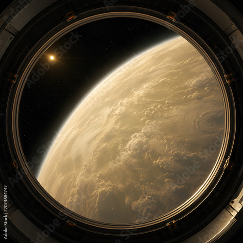 A photorealistic, high-resolution 8k rendering of the planet Venus during a close flyby, viewed through the circular, metallic window of a spacecraft.
