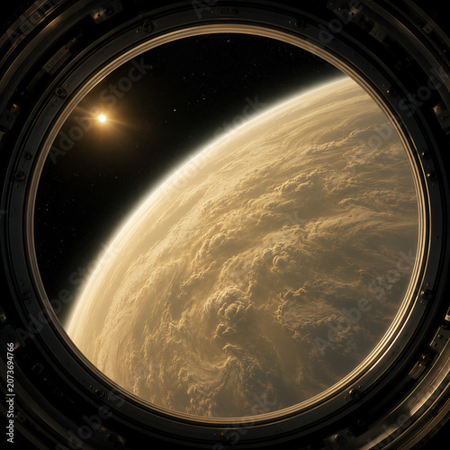 A photorealistic, high-resolution 8k rendering of the planet Venus during a close flyby, viewed through the circular, metallic window of a spacecraft.