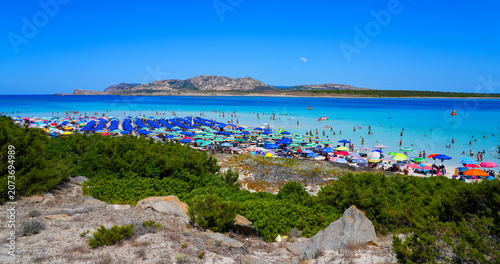 Obraz na plátně Panoramic view of crowded La Pelosa beach with colorful umbrellas and turquoise