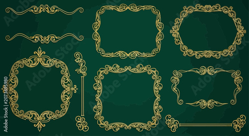 Elegant Golden Ornate Borders and Frames on Dark Green Marble Background