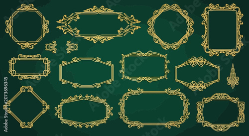 Ornate golden frames collection on dark green background