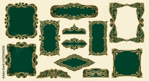 Ornate Green & Gold Decorative Frames, Borders & Labels Collection