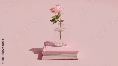 A delicate pink rose stands in a glass vase on a stack of pastel pink books. The rose's soft petals contrast beautifully with the simplicity of the arrangement.