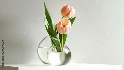 Fresh pink tulips stand elegantly in glass vases atop a shelf. Soft natural light highlights their delicate petals, creating a calm and inviting atmosphere in a cozy space.