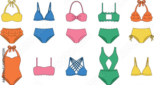 Fotografija Women beachwear and bikini vector outline icon set featuring colorful monokini o