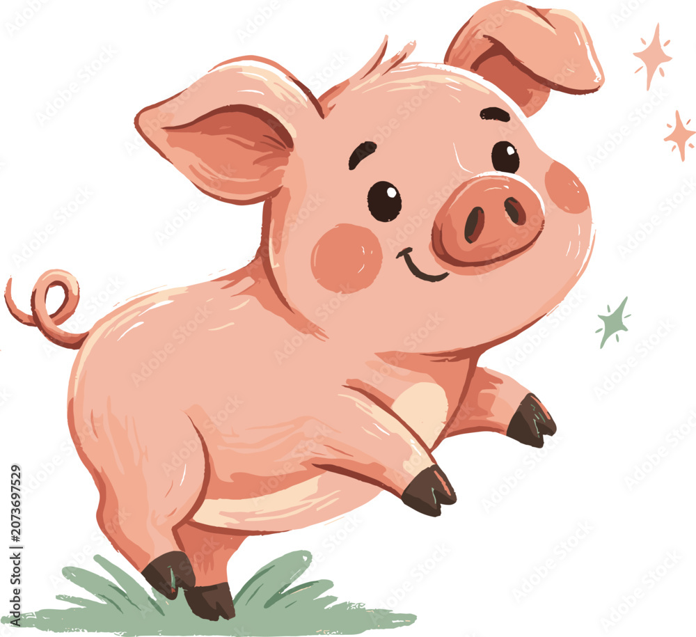 Fototapeta premium Cute cartoon pig vector character featuring a happy smiling pink piglet jumping on green grass with sparkles for children nursery design projects