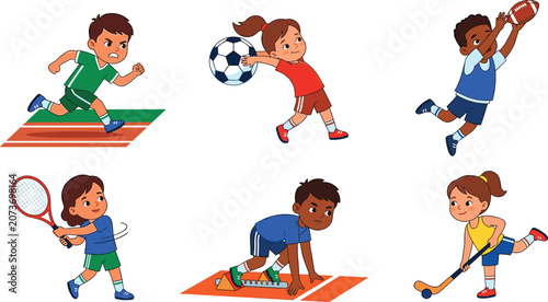 Cuadro en lienzo Kids Summer Sports Activity Character Set Featuring Diverse Children Running Tra