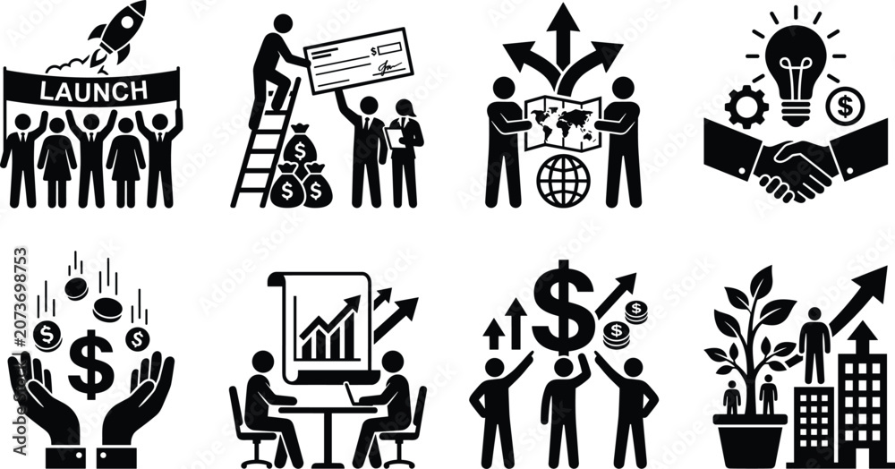 Naklejka premium Business Growth and Startup Launch Icon Set Featuring Financial Investment Strategy and Global Expansion Pictograms