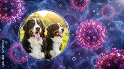 Conceptual digital art of two dogs shielded in a transparent sphere against floating microscopic viral particles.