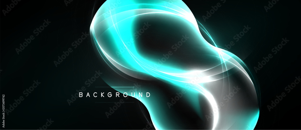 Naklejka premium Abstract glowing form. Teal, white light curves create dynamic shape against dark background. Modern design element.