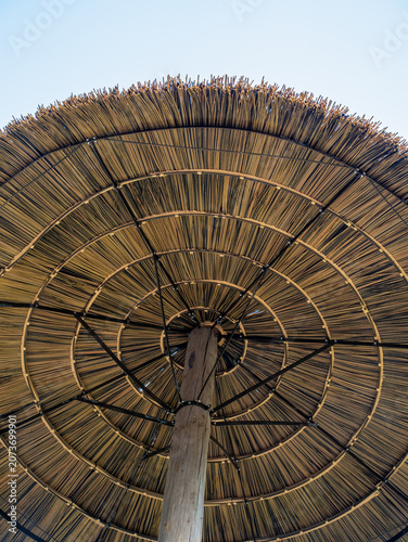 фотографія Woven thatch umbrella canopy featuring the central wooden pole and metal framing built inside the park recreation territory