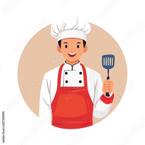 Cartoon chef holding spatula in kitchen uniform