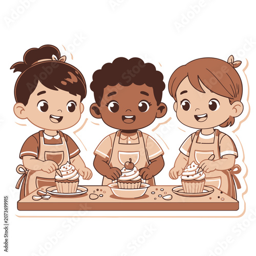 Cartoon children baking cupcakes together