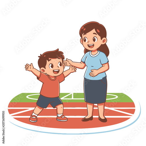Cartoon mother and child on running track