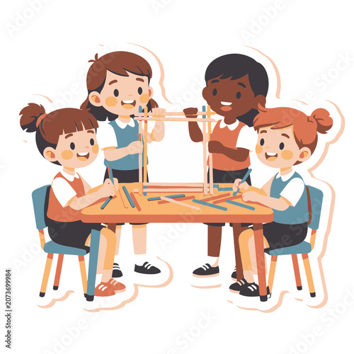 Children building a structure with sticks at a table
