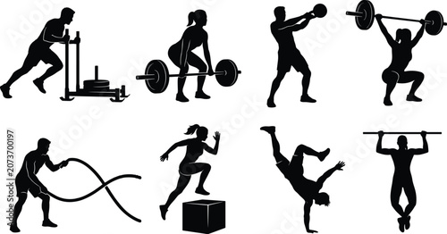 Obraz na plátně Fitness and functional training silhouettes set featuring weightlifting cross wo
