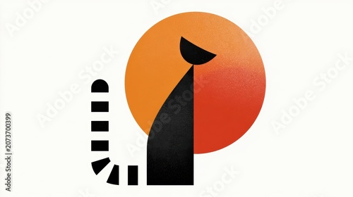 Minimalist geometric illustration of a black lemur against a sunset circle minimalist graphic art featuring a black lemur tail in a sunset circle