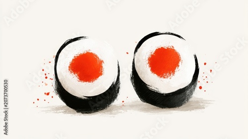 Minimalist artistic illustration of two fresh sushi maki rolls featuring vibrant red centers on a clean off white background