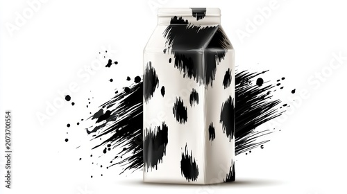 Milk carton container with black and white cow print pattern design isolated on white background