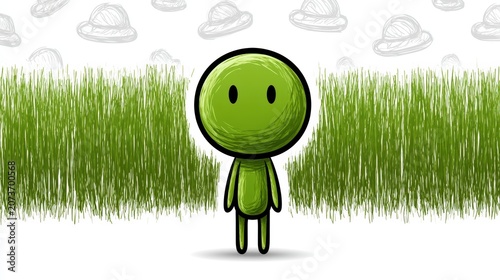 A small green creature standing in front of long grass with hat sketches in the background
